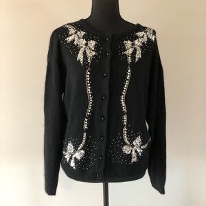 Women’s Vintage Black Silk blend Embellished Sequins Bow Cardigan Sweater size M